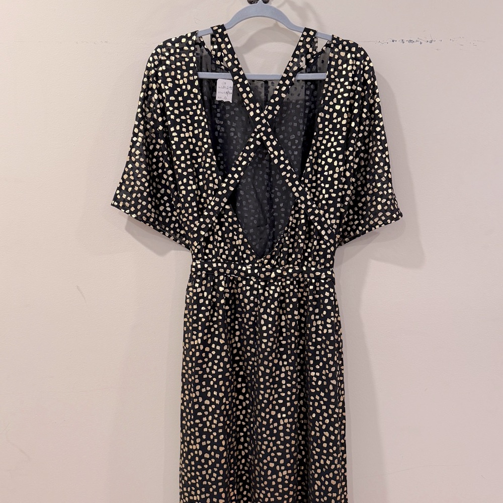 Sheer Kaftan Deep Plunge Neckline Gold and Black Print